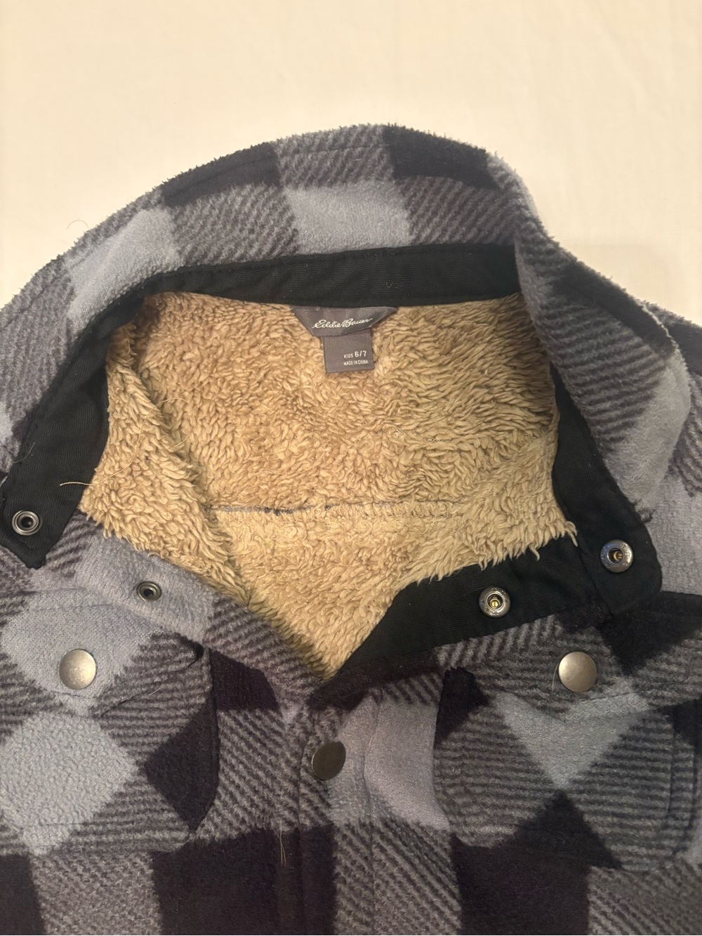 Eddie Bauer Boys Gray and Black Plaid Sherpa Jacket